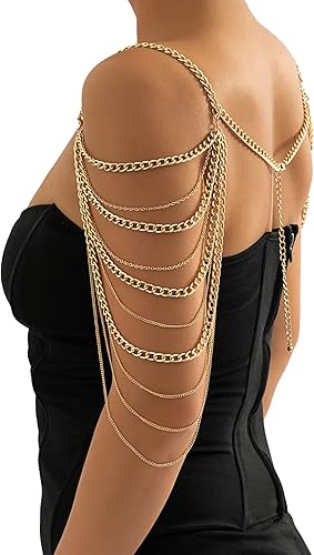 Gold plated chains following the curves of the body
