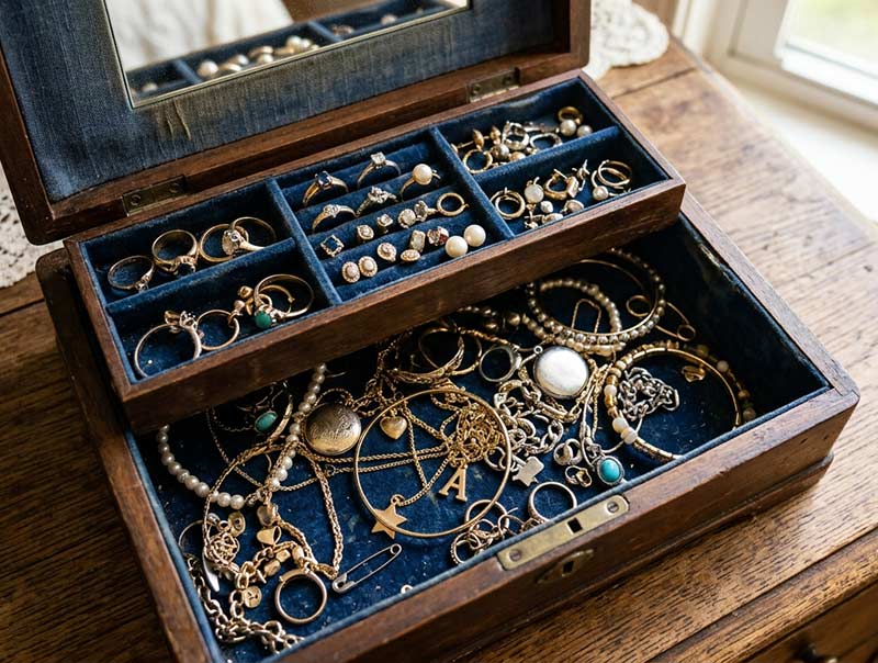 jewelry box showing bits of broken bits