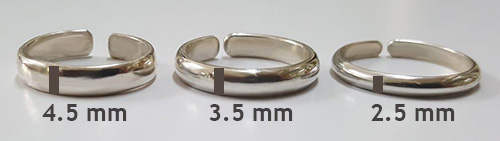 Classic adjustable toe ring measurements showing 2.5 mm 3.5 mm and 4.5 mm widths