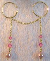 Gold pussy dangle jewellery with rose Swarovski crystal pearls