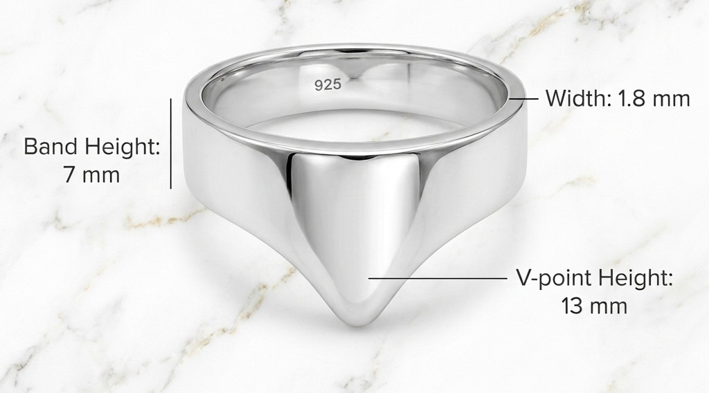 V Glans cock ring measurement guide showing width band height and V height
