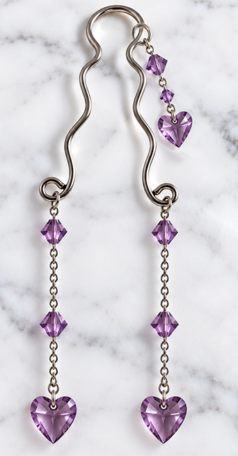 Deluxe silver clit clip with Swarovski Love Heart dangles
