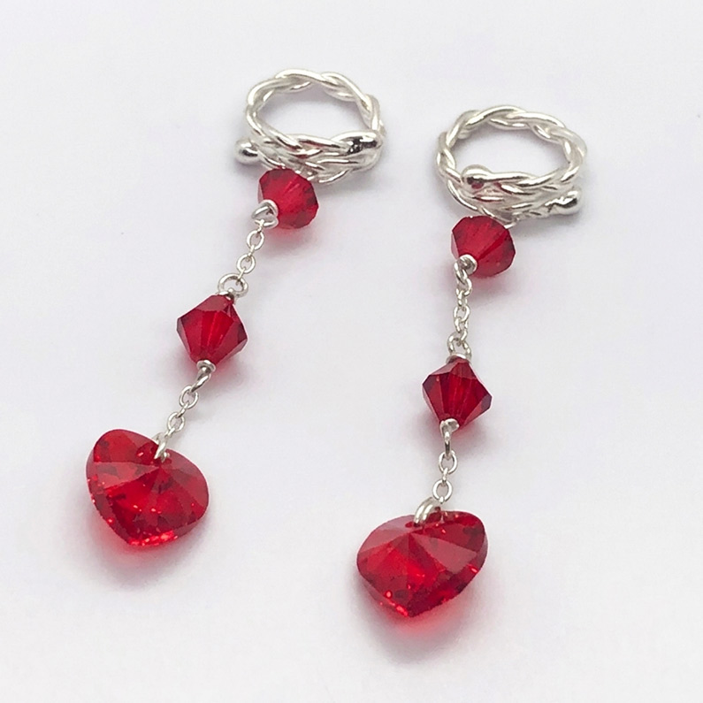 Silver dangling nipple rings with ruby Swarovski love heart dangles