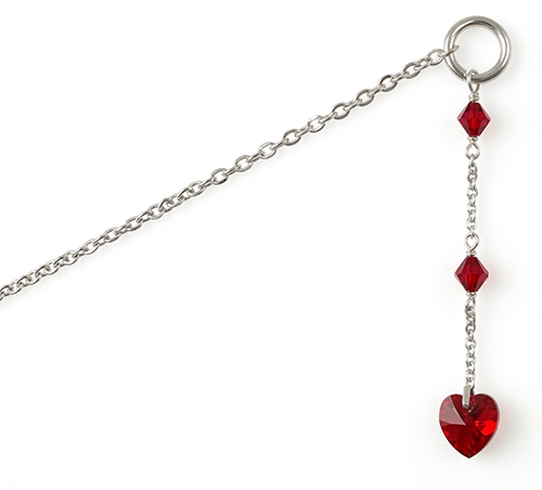 Silver pierced nipple chain with ruby Swarovski love heart dangles